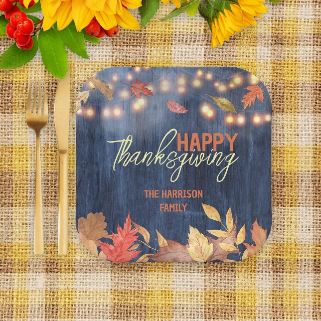 Autumn Leaves Fairy Lights On Wood Thanksgiving Paper Plate (Creator Uploaded)