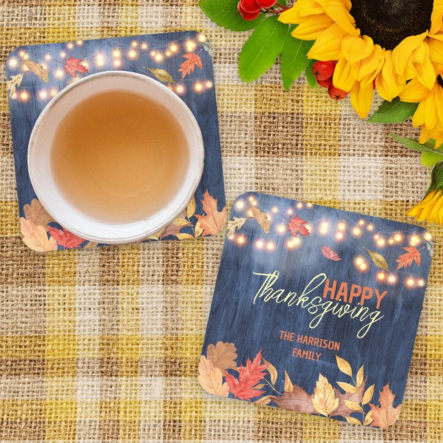 Autumn Leaves Fairy Lights On Wood Thanksgiving Square Paper Coaster (Creator Uploaded)