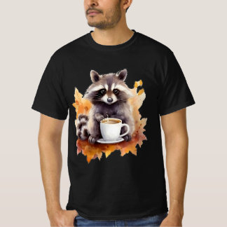 Autumn leaves fall cute racoon with cup of coffee T-Shirt