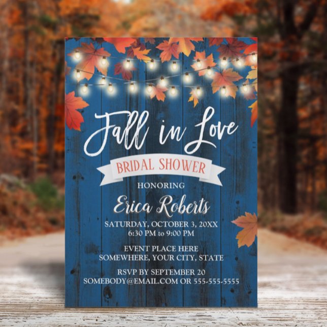 Autumn Leaves Fall in Love Navy Barn Bridal Shower Invitation (Creator Uploaded)