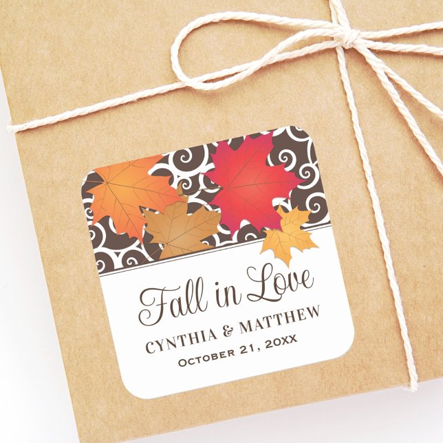 Autumn Leaves Fall In Love Wedding Monogram Square Sticker (Creator Uploaded)