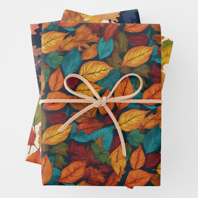 Autumn Leaves Fall Season Nature Patterned Pretty Wrapping Paper Sheet (In situ)