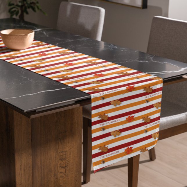 Autumn Leaves Fall Striped Personalised Short Table Runner (Creator Uploaded)