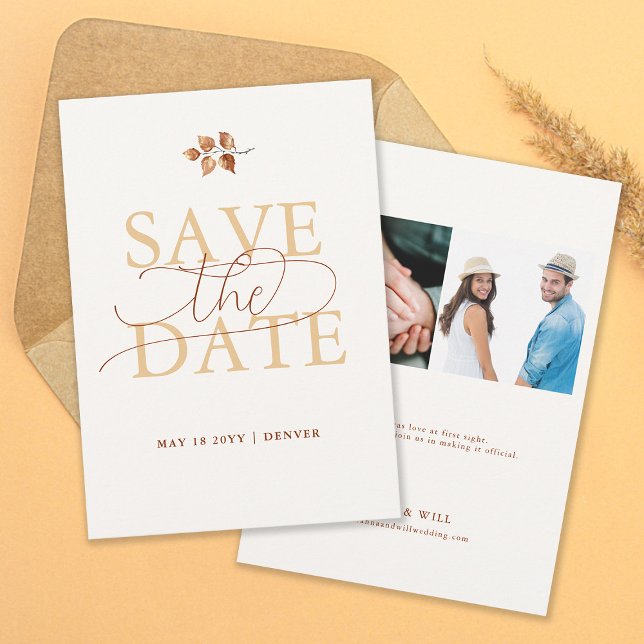 Autumn Leaves Fall Wedding Orange Save the Date Invitation (Autumn Leaves Fall Wedding Save the Date Two Photos Elegant Modern Calligraphy Terracotta)