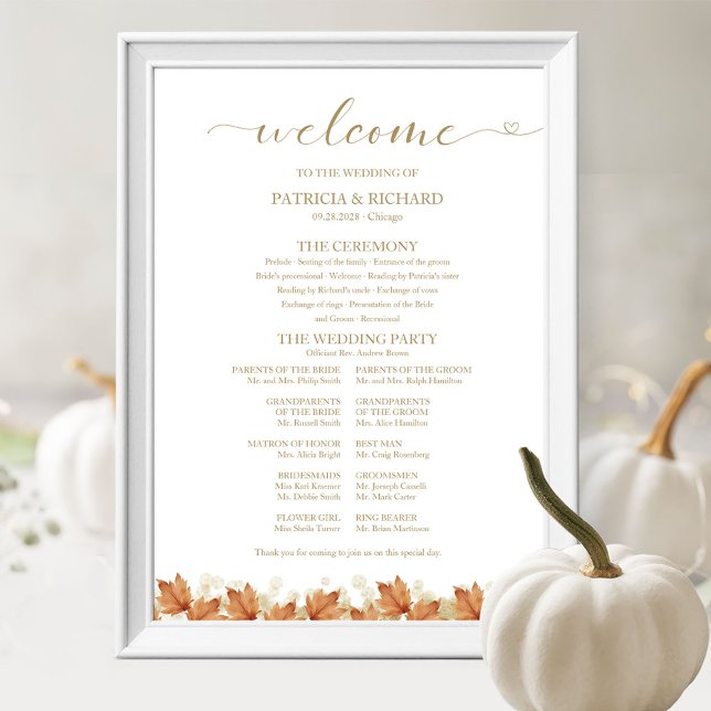 Autumn Leaves Fall Wedding Program Sign (Creator Uploaded)