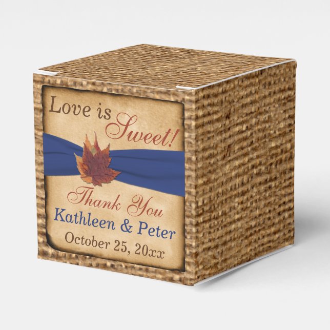Autumn Leaves, FAUX Burlap Favour Box - Blue (Front Side)