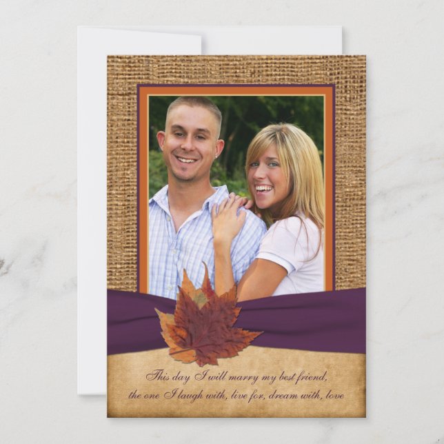 Autumn Leaves, FAUX Burlap PHOTO Wedding Invite (Front)