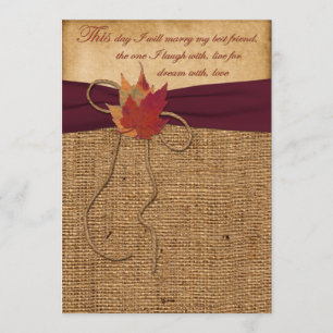 Autumn Leaves, FAUX Burlap Wedding Invite 2 - Wine