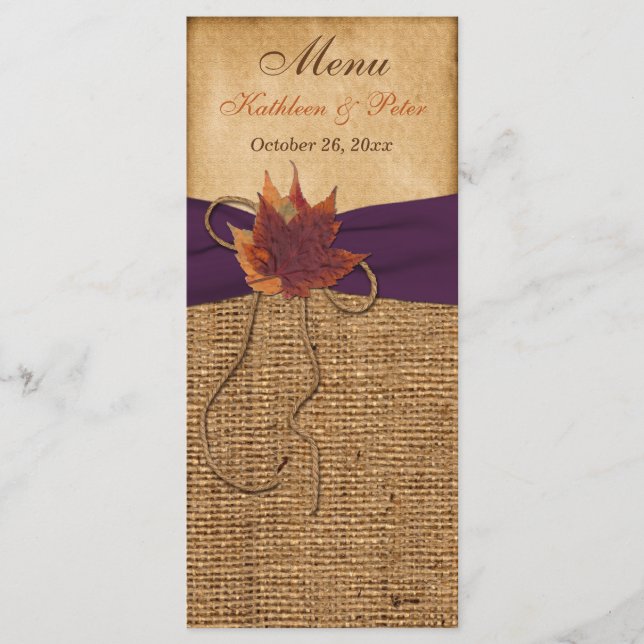 Autumn Leaves, FAUX Burlap Wedding Menu Card (Front)