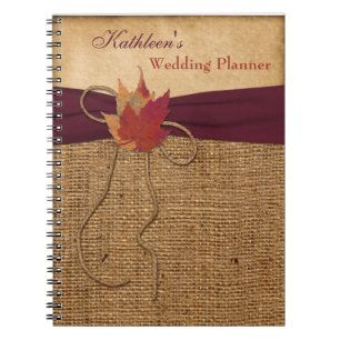 Autumn Leaves FAUX Burlap Wedding Planner - Wine Notebook