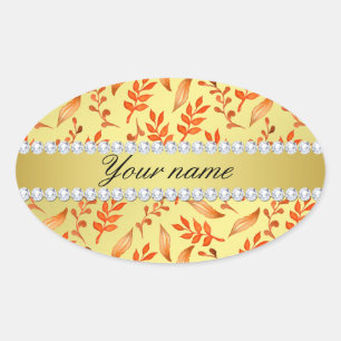Autumn Leaves Faux Gold Foil Bling Diamonds Oval Sticker
