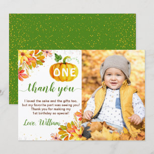Autumn Leaves Floral Pumpkin 1st Birthday Photo Thank You Card