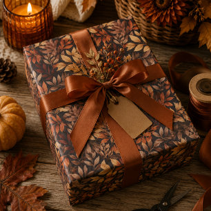 Autumn Leaves Gift Wrap in Rich Brown Gold & Cream