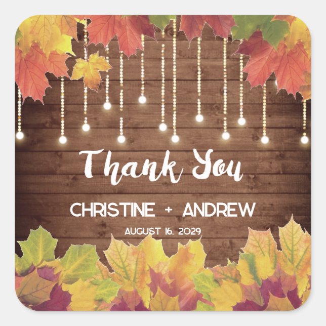 Autumn Leaves Glitter Lights Rustic Fall Wedding Square Sticker (Front)