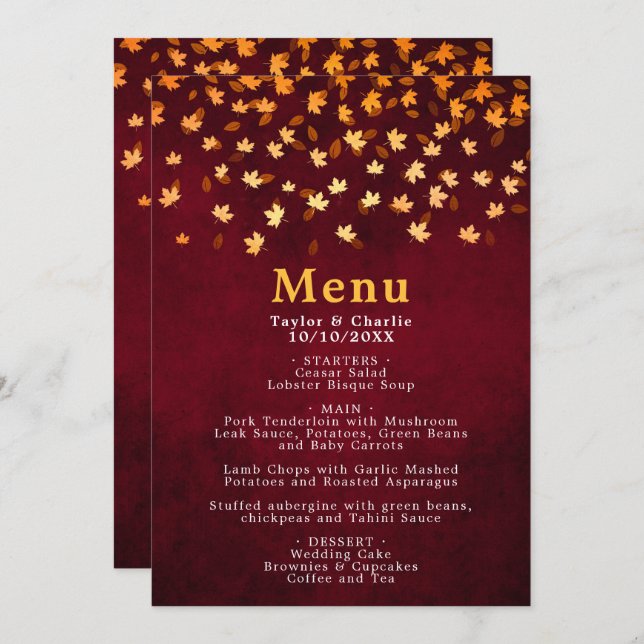 Autumn Leaves Gold and Red Wedding Menu (Front/Back)