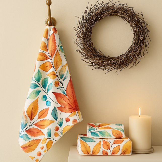 Autumn Leaves Gold Teal Orange Towel Set (Ai generated mockup  designed by Susang6)