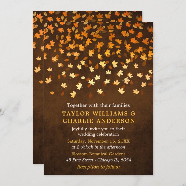 Autumn Leaves Grunge Gold and Brown Wedding Invitation (Front/Back)