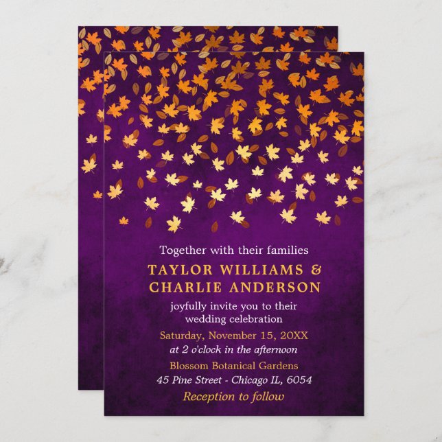 Autumn Leaves Grunge Gold and Purple Wedding Invitation (Front/Back)