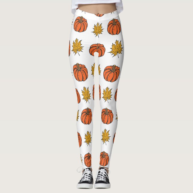 Autumn Leaves: Hand-Drawn Pumpkin Pattern Leggings (Front)