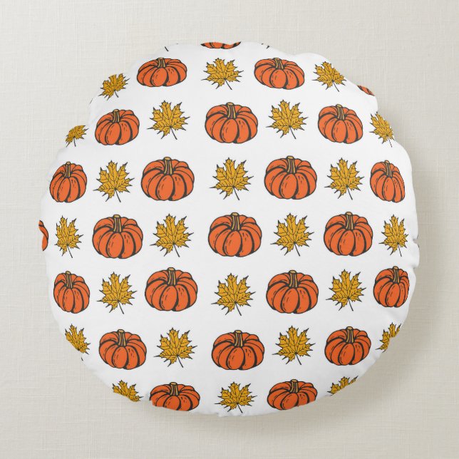 Autumn Leaves: Hand-Drawn Pumpkin Pattern Round Cushion (Front)
