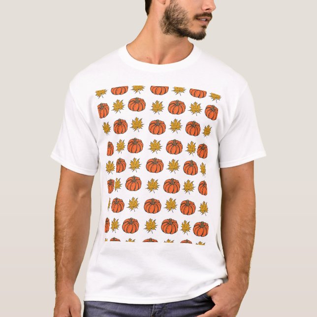Autumn Leaves: Hand-Drawn Pumpkin Pattern T-Shirt (Front)