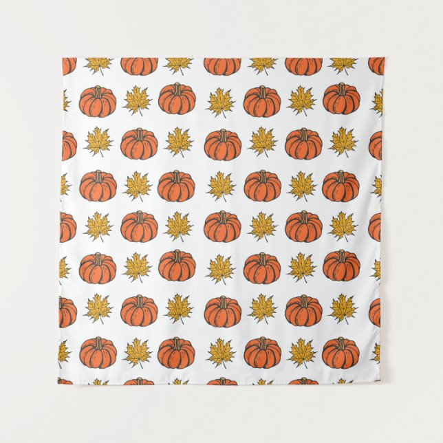 Autumn Leaves: Hand-Drawn Pumpkin Pattern Tapestry (Front)