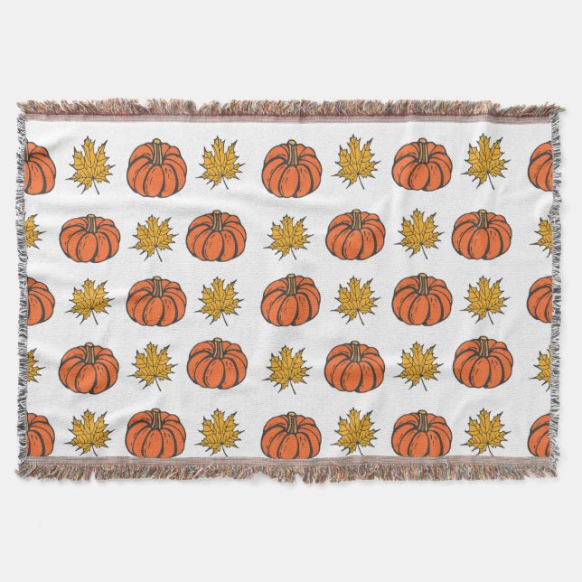 Autumn Leaves: Hand-Drawn Pumpkin Pattern Throw Blanket (Front)