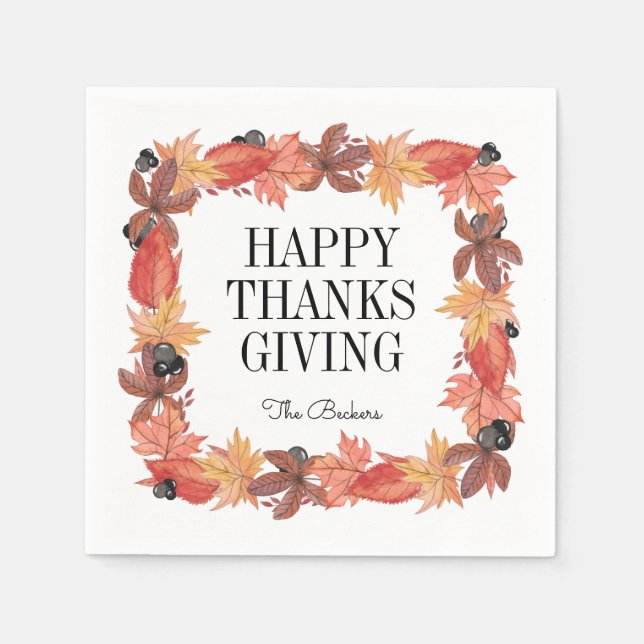 Autumn Leaves Happy Thanksgiving Paper Napkin (Front)