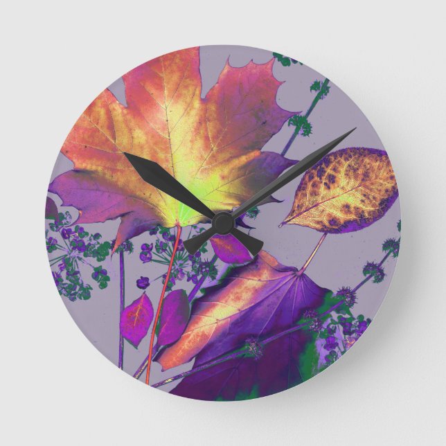 Autumn Leaves in Lilac Round Clock (Front)