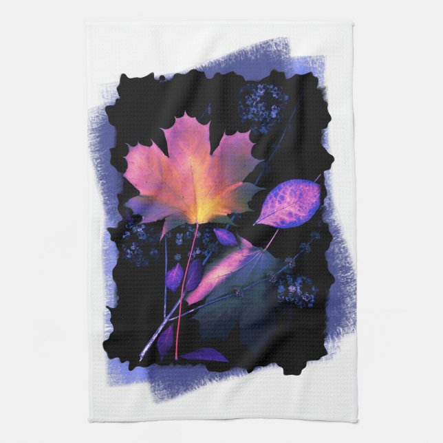 Autumn Leaves in Neon and Blue Tea Towel (Vertical)