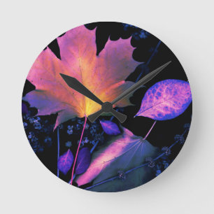 Autumn Leaves in Neon Round Clock