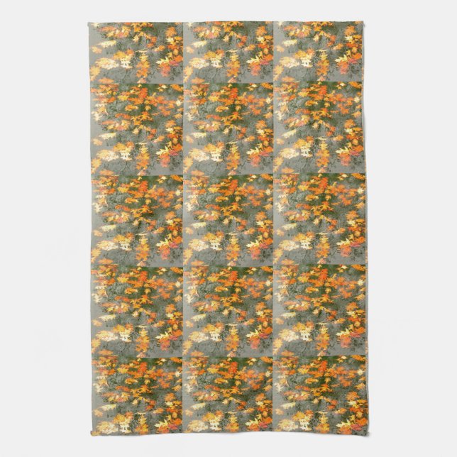 autumn leaves in rain tea towel (Vertical)
