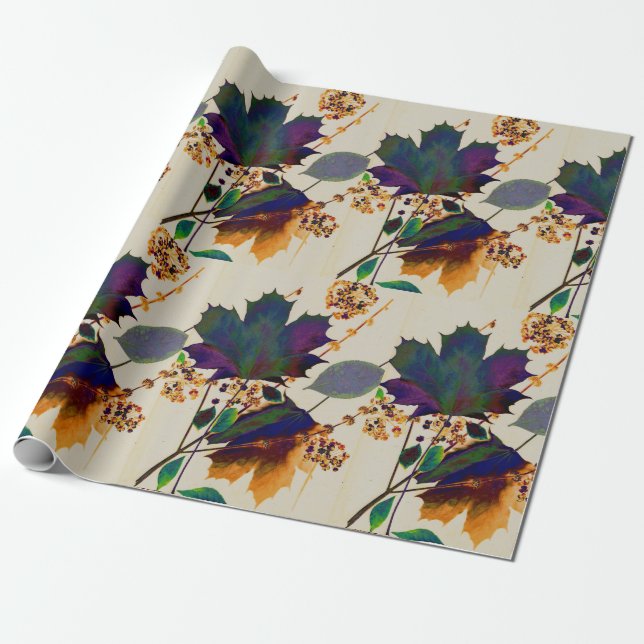 Autumn Leaves in Royal Colours Wrapping Paper (Unrolled)
