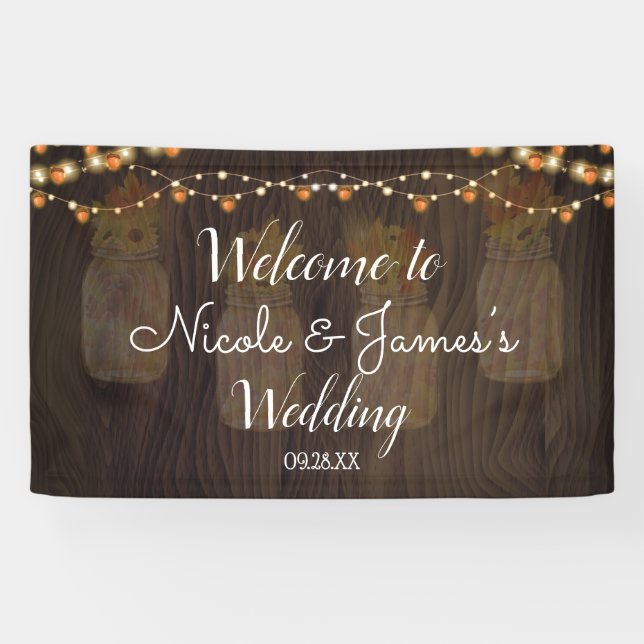 Autumn Leaves Jar Light Wood Background Wedding Ba Banner (Horizontal)