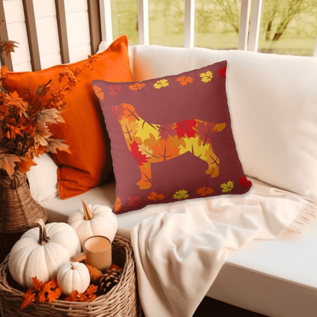 Autumn Leaves Labrador Retriever Silhouette B Cushion (Autumn Leaves Labrador Silhouette Pillow in burgundy.  Gift Idea for Dog Moms and Labrador Moms.)