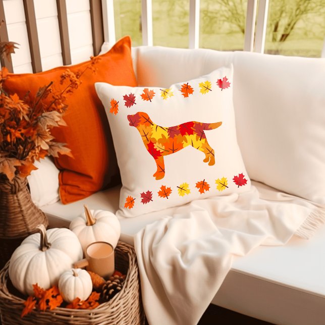 Autumn Leaves Labrador Retriever Silhouette Cushion (Autumn Leaves Labrador Silhouette Pillow for Labrador lovers.  Gift Idea for dog moms.)