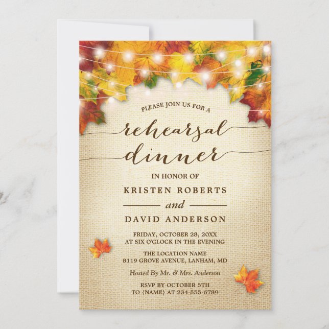 Autumn Leaves Lights Burlap Fall Rehearsal Dinner Invitation (Front)