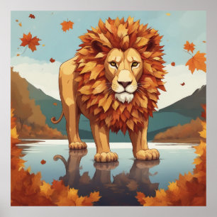 Autumn Leaves Male Lion Poster