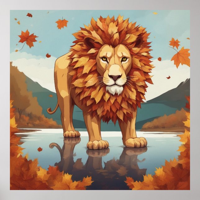 Autumn Leaves Male Lion Poster (Front)