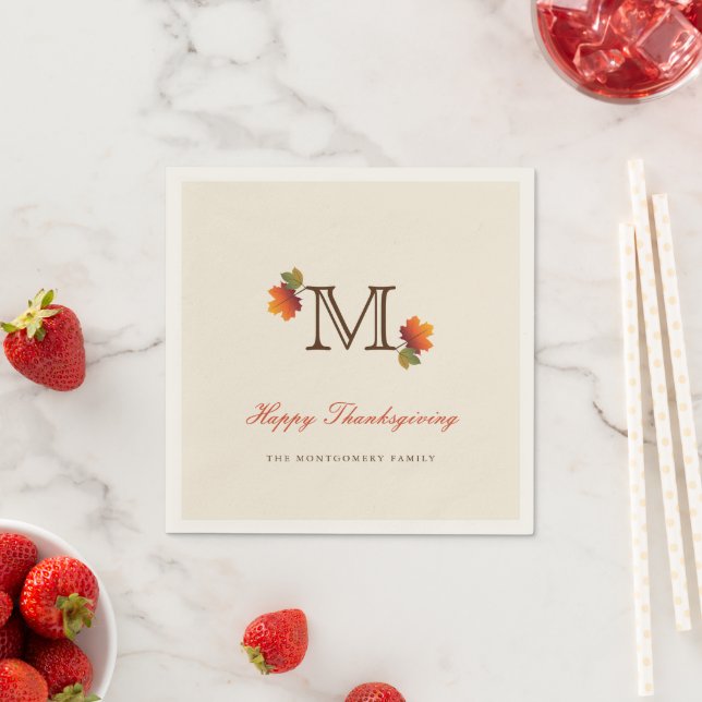 Autumn Leaves Monogram Thanksgiving Dinner Paper Napkin (Insitu)