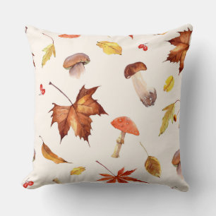 Autumn Leaves & Mushrooms Watercolor Cushion