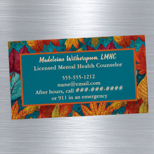 Autumn Leaves Nature Gold Red Teal Counsellor LMHC Magnetic Business Card
