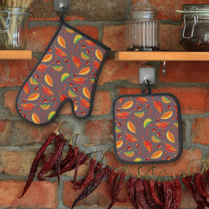 Autumn Leaves Nuts Chestnuts Pattern Elegant Fall Oven Mitt & Pot Holder Set