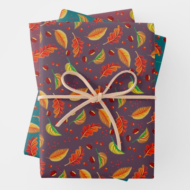  Autumn Leaves Nuts Chestnuts Pattern Elegant Fall Wrapping Paper Sheet (In situ)
