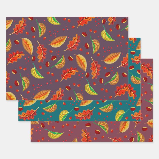  Autumn Leaves Nuts Chestnuts Pattern Elegant Fall Wrapping Paper Sheet (Set)