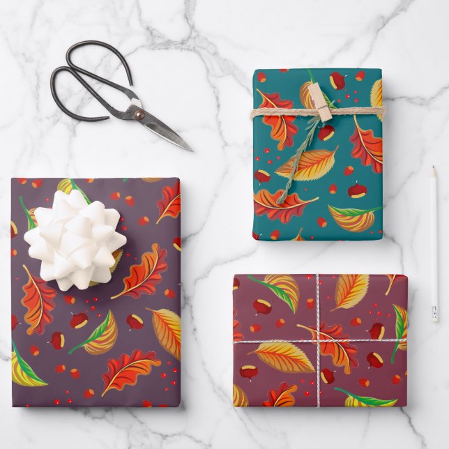  Autumn Leaves Nuts Chestnuts Pattern Elegant Fall Wrapping Paper Sheet (Front)