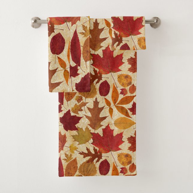 Autumn Leaves on Beige Damask Bath Towel Set (Insitu)