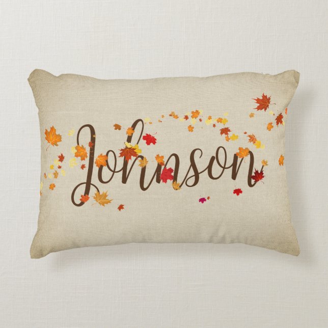 Autumn Leaves on Burlap with Last Name Decorative Cushion (Front)