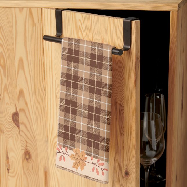 Autumn Leaves on Plaid Tea Towel (Thirds Fold)