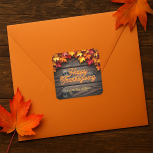 Autumn Leaves on Rustic Wood Happy Thanksgiving  Square Sticker